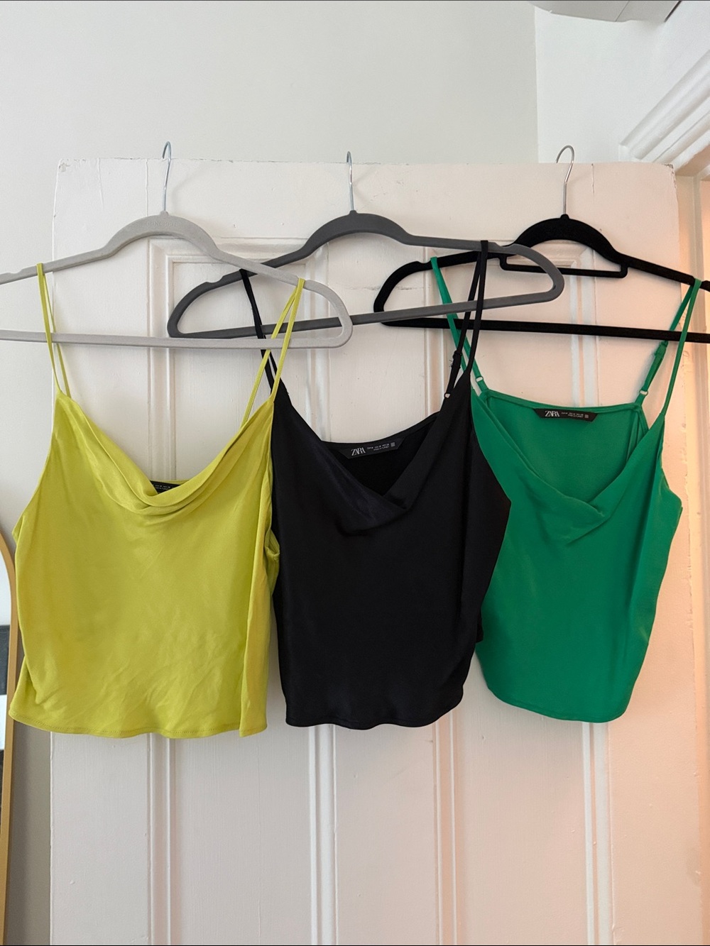 Zara Lime, Black & Green Cowl Neck Spaghetti Strap Tops - Set of 3